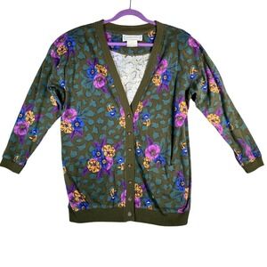 Vtg Adrienne Vittadini Sweater Cardigan Olive Green Floral Leopard Button Up M